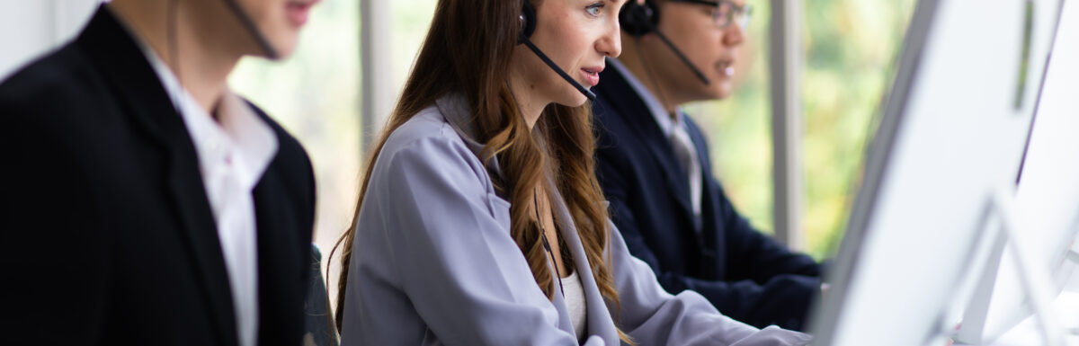 Professional Customer Service Assistant Team Working In Call Center Office. Communication, Telemarketing Sale Support, Call Center And Helpline Concept.