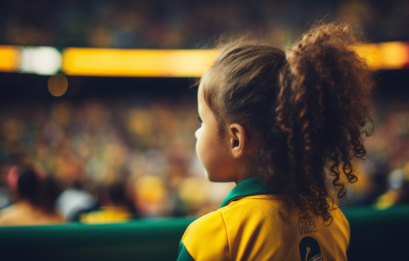 A Young Girl In Yellow And Green Attire Watches The Australian Team At The Women's World Cup From The Stadium, With A Blurred Background.