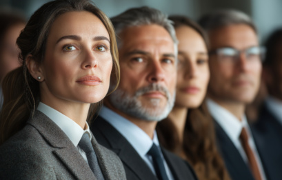 Serious Portrait Of A Group Of Business Professionals: A Team Of Executives In A Corporate Meeting