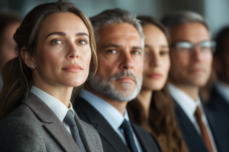 Serious Portrait Of A Group Of Business Professionals: A Team Of Executives In A Corporate Meeting