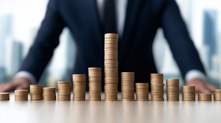 Financial Growth: A Business Professional Stands Behind Stacked Coins, Depicting Financial Growth And Investment Success, Capturing The Essence Of Wealth Management And Prosperity.