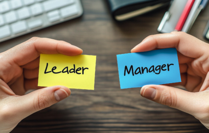 Leadership Vs Management Concept: Two Hands Hold Sticky Notes Labeled "leader" And "manager," Symbolizing The Comparison Between Leadership And Managerial Roles.