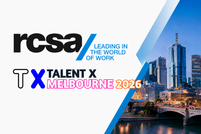 RCSA and Talent X Melbourne 2026 event banner featuring Melbourne skyline and recruitment industry conference branding.
