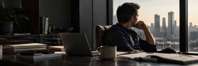 Business leader reflecting at his desk, illustrating leadership blind spots, decision-making under pressure and unconscious behavioural patterns.