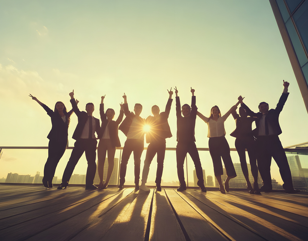 Silhouettes Of A Diverse Group Of Businesspeople Celebrating Success With Arms Raised On A Rooftop.